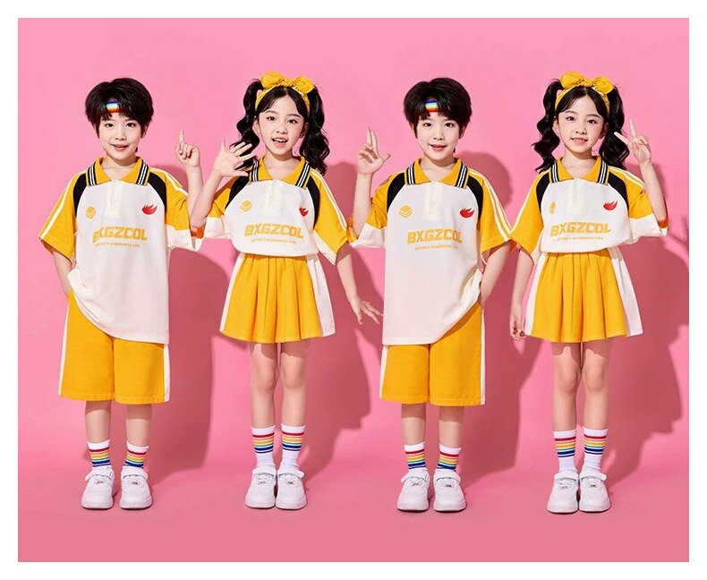 チアガール イエロー ダンス衣装 キッズ 子供服 可愛い 半袖 POLO ポロシャツ Tシャツ トップス プリーツスカート 短パン ショーツ ミニスカート 女の子 男の子 HIPHOP JAZZ 幼稚園 運動会 応援団 発表会 舞台服 個性派 K-POP 演出服 練習着 団体服 ステージ衣装 100-180cm