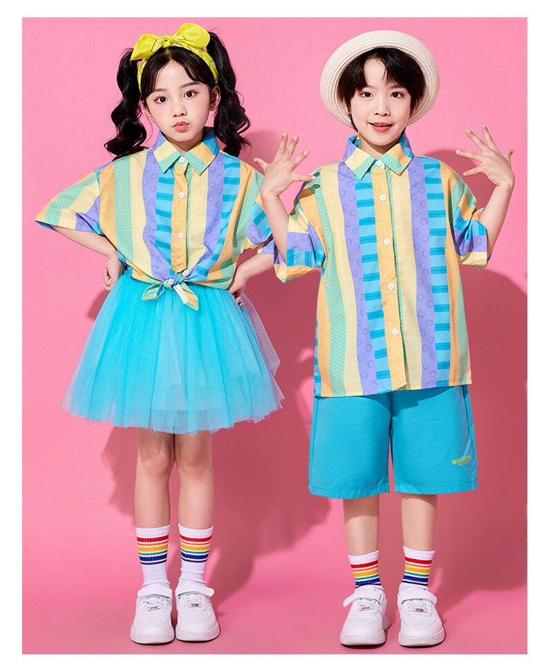 ドーパミンカラー ミニスカート ブルー チアガール キッズ ダンス衣装 子供服 可愛い 半袖シャツ メッシュスカート 短パン ショーツ 女の子 男の子 HIPHOP JAZZ 幼稚園 合唱団 応援団 発表会 舞台服 個性派 K-POP 演出服 練習着 団体服 ステージ衣装 100-180cm
