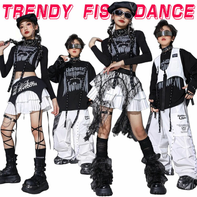 乐天商城 - キッズ 子供ダンス衣装 へそ出しシャツ 女の子 男の子 ジャズダンス ヒップホップ セットアップ ストリート ユニセックス HIPHOP JAZZ ダンスウエア 長袖 トップス カーゴパンツ ブラック ホワイト ゆったり おしゃれ 原宿系 発表会 演出服 練習服 団体服 舞台服 110-170cm