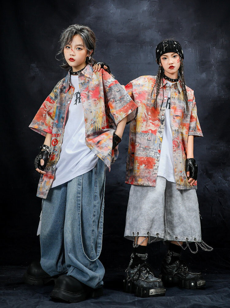 ダンス衣装 セットアップ キッズ ヒップホップ 女の子 男の子 チーム衣装 ジャズダンス ストリート ユニセックス HIPHOP JAZZ ダンスウエア ドーパミンカラー 半袖 柄シャツ デニムパンツ チアガール ゆったり おしゃれ DANCE 原宿系 発表会 演出服 練習服 団体服 110-180cm
