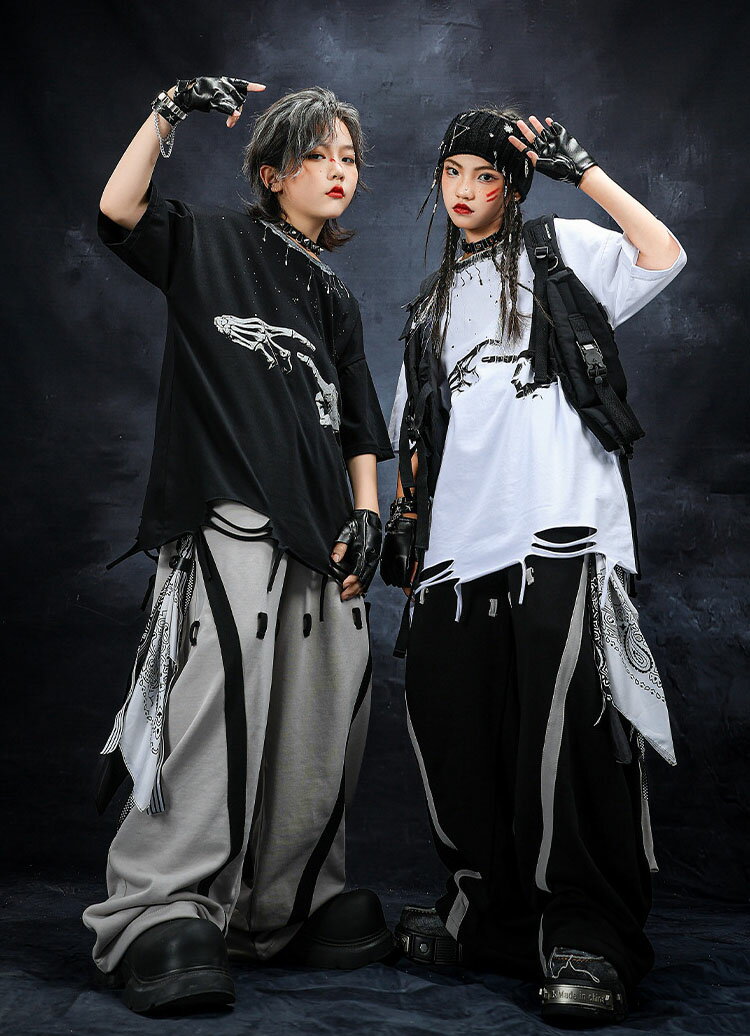 ダンス衣装 セットアップ キッズ ヒップホップ 女の子 男の子 チーム衣装 ジャズダンス ストリート ユニセックス HIPHOP JAZZ ダンスウエア ブラック ホワイト 半袖 トップス ロングパンツ チアガール ゆったり おしゃれ DANCE 原宿系 発表会 演出服 練習服 団体服 110-180cm