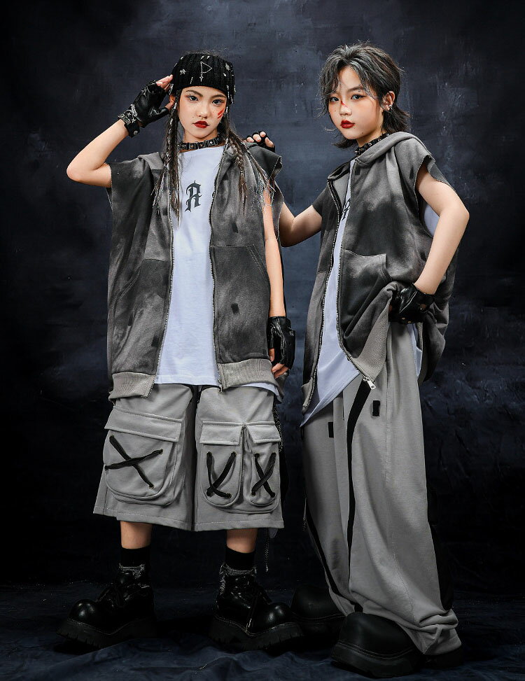 キッズ 子供ダンス衣装 ヒップホップ スポーツウェア 女の子 男の子 セットアップ ジャズダンス ストリート ユニセックス HIPHOP JAZZ ダンスウエア グレー 袖なし トップス フード付きベスト 短パン 長パン ゆったり おしゃれ 原宿系 発表会 演出服 練習服 団体服 110-180cm