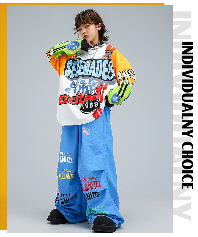 キッズ 子供ダンス衣装 ヒップホップ 女の子 男の子 セットアップ ジャズダンス ストリート ユニセックス HIPHOP JAZZ ダンスウエア ホワイト ブルー 上下セット 長袖 トップス ロングパンツ ゆったり おしゃれ かっこいい 原宿系 発表会 演出服 練習服 団体服 110-180cm