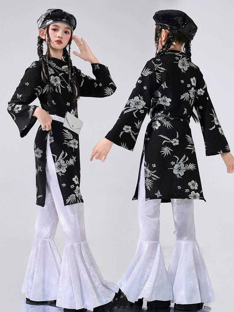 ホワイト ブラック 長袖 トップス 花柄 長パンツ チャイナドレス フレアパンツ キッズ ダンス セットアップ k-pop ヒップホップ 女の子 かっこいい ゆったり スポーツ レジャー カジュアル 子供服 中華風 ステージ衣装 ジャズダンス 団体服 個性派 発表会 演出服 110-180cm