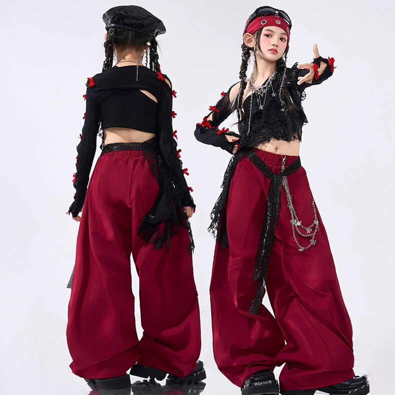 キッズ ダンス衣装 セットアップ ヒップホップ 女の子 ストリート ワンショルダー トップス カーゴパンツ レッド ブラック 子供服 y2k アイドル 韓国kpop hiphop ダンスウェア 応援団 原宿系 発表会 演出服 練習服 団体服 舞台服 個性派 派手 かっこいい おしゃれ 110-180cm