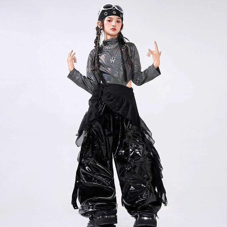 レザーパンツ キッズ ダンス衣装 セットアップ ヒップホップ 女の子 ストリート 光沢 長袖 トップス シルバー ブラック 子供服 y2k アイドル 韓国kpop hiphop ダンスウェア 応援団 原宿系 発表会 演出服 練習服 団体服 舞台服 派手 かっこいい おしゃれ 110-180cm