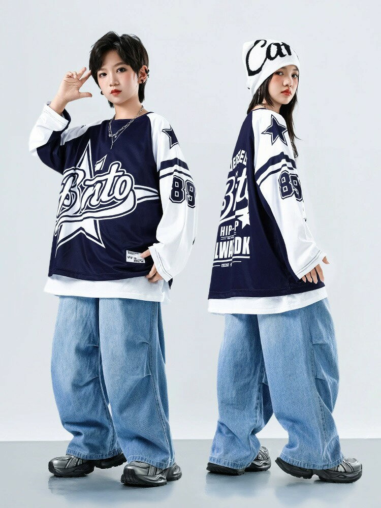 キッズ 子供ダンス衣装 ヒップホップ スポーツウェア 女の子 男の子 セットアップ ジャズダンス ストリート ユニセックス ダンスウエア ブルー ブラック 長袖 トップス デニムパンツ ジーパン ゆったり かっこいい 原宿系 発表会 演出服 練習服 団体服 110-180cm
