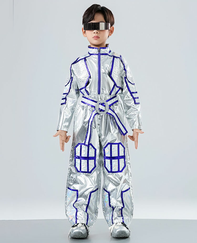 キッズ 子供ダンス衣装 ヒップホップ ロボット サイバー 未来型 女の子 男の子 セットアップ ジャズダンス ストリート ユニセックス ダンスウエアメタリックシルバー レーザー光沢 長袖 トップス パンツ ゆったり かっこいい 原宿系 発表会 演出服 練習服 団体服 110-180cm