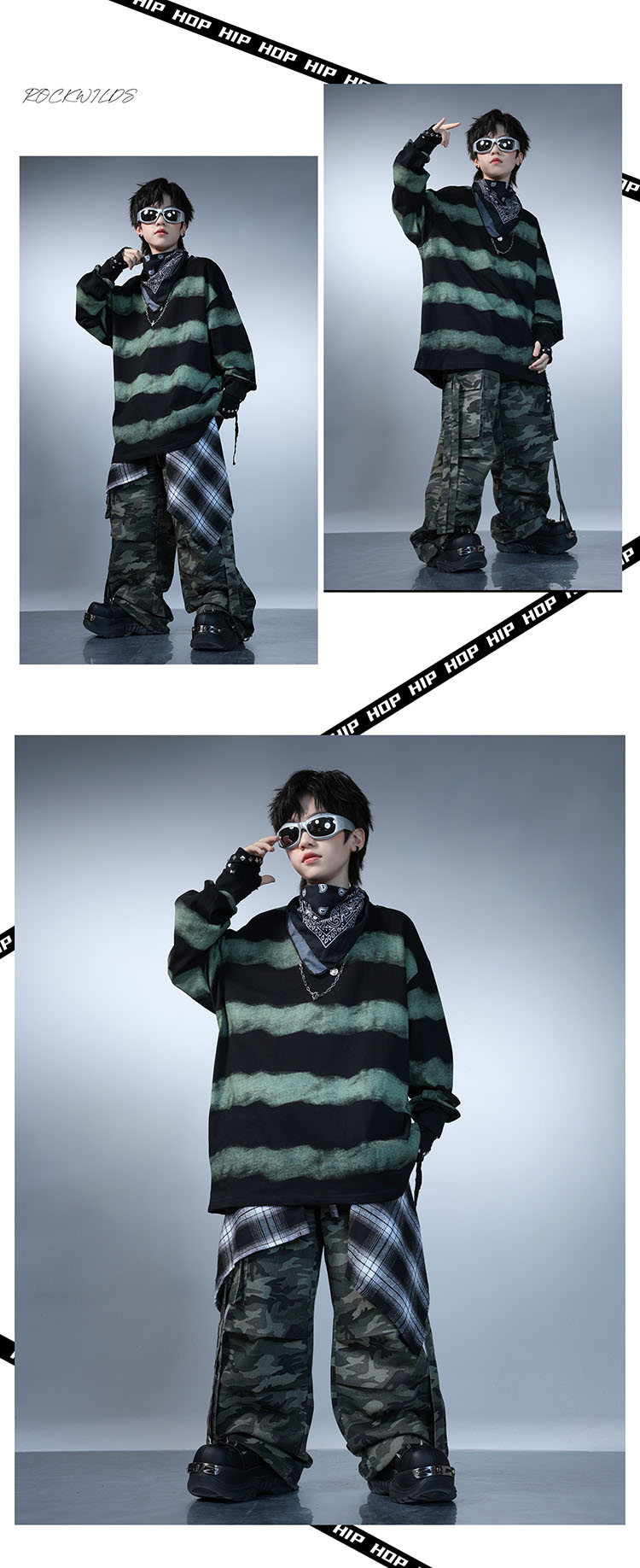 ボーダー柄 迷彩柄 キッズ 子供ダンス衣装 ヒップホップ 女の子 男の子 セットアップ ジャズダンス ストリート ユニセックス ダンスウエア ブラック グリーン 長袖トップス パンツ レジャー カジュアル ゆったり かっこいい 原宿系 発表会 演出服 練習服 団体服 110-180cm