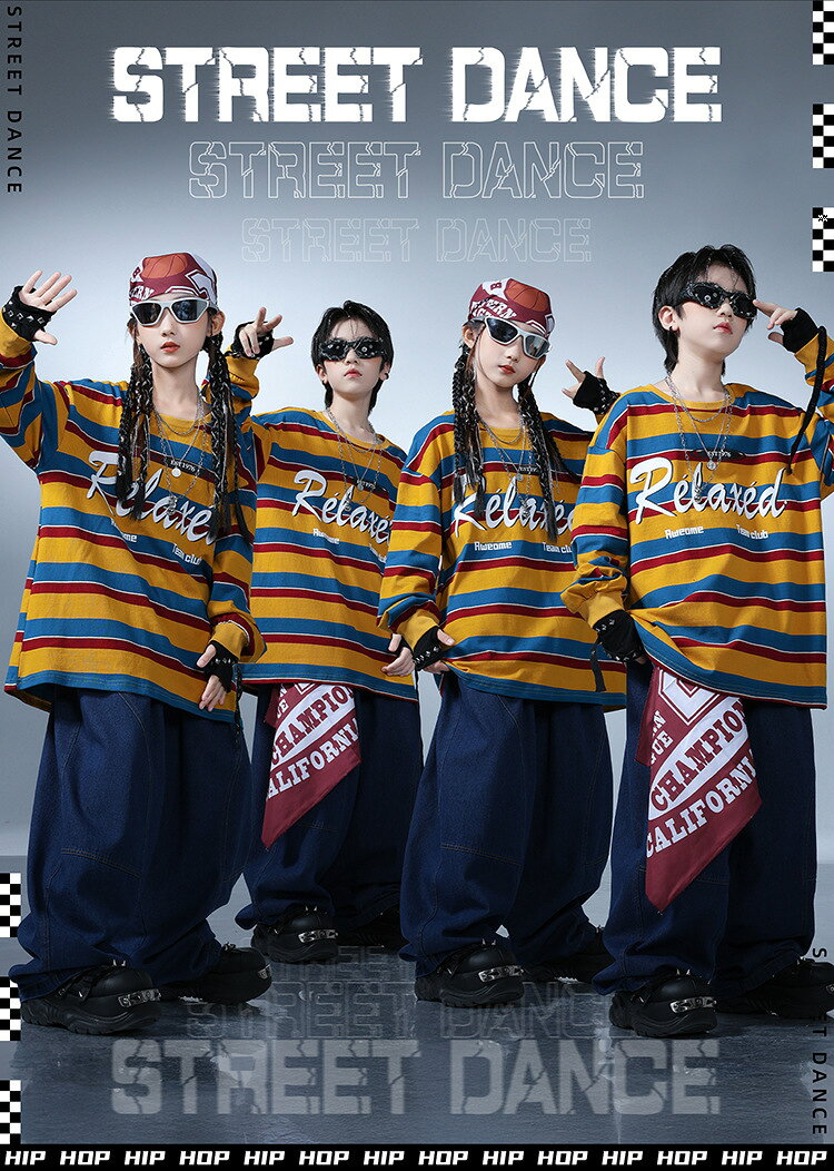TRENDY FISHのボーダー柄 キッズ 子供ダンス衣装 ヒップホップ 女の子 男の子 セットアップ ジャズダンス ストリート ユニセックス ダンスウエア イエロー ブルー 長袖トップス デニムパンツ レジャー カジュアル ゆったり かっこいい 原宿系 発表会 演出服 練習服 団体服 110-180cm｜アングル2