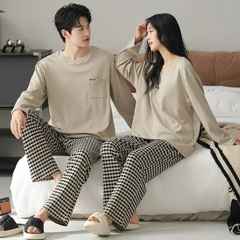 Rakuten - ストライプ柄 ペア パジャマ レディース メンズ 綿95% 長袖 春秋 薄手 ラウンドネック ルームウェア 抗菌 大きいサイズ 上下セット 外着可能 冬 部屋着 寝巻き リラックスウェア 男女兼用 結婚祝い プレゼント ギフト おしゃれ S M L LL 3L 彼女 彼氏 夫婦 記念日