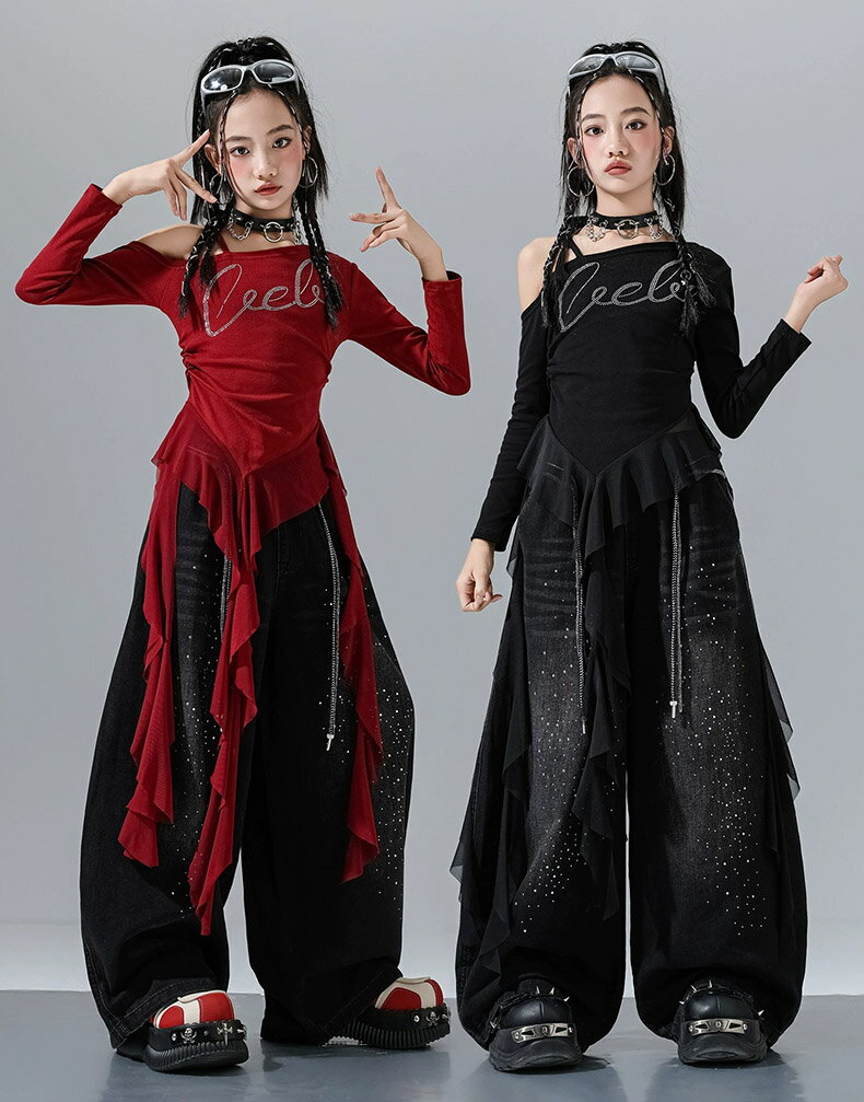 キッズ ダンス衣装 セットアップ ヒップホップ 女の子 ストリート ワンショルダー 長袖 トップス パンツ 子供服 カジュアル y2k アイドル 韓国kpop hiphop ダンスウェア レッド ホワイト ブラック 原宿系 発表会 演出服 練習服 団体服 派手 かっこいい おしゃれ 110-180cm