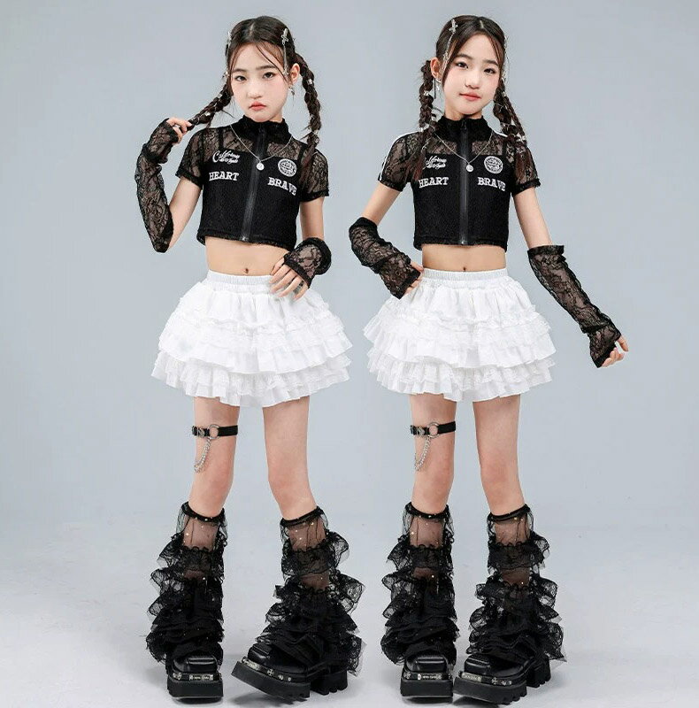 へそ出しシャツ キッズ ダンス衣装 セットアップ ヒップホップ 女の子 ストリート 半袖 レーストップス スカート 子供服 カジュアル y2k アイドル 韓国kpop hiphop ダンスウェア ブラック ホワイト 原宿系 発表会 演出服 練習服 団体服 派手 かっこいい おしゃれ 110-180cm 2