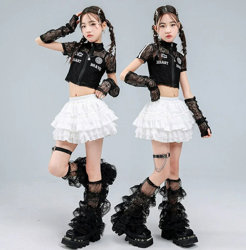 へそ出しシャツ キッズ ダンス衣装 セットアップ ヒップホップ 女の子 ストリート 半袖 レーストップス スカート 子供服 カジュアル y2k アイドル 韓国kpop hiphop ダンスウェア ブラック ホワイト 原宿系 発表会 演出服 練習服 団体服 派手 かっこいい おしゃれ 110-180cm 3