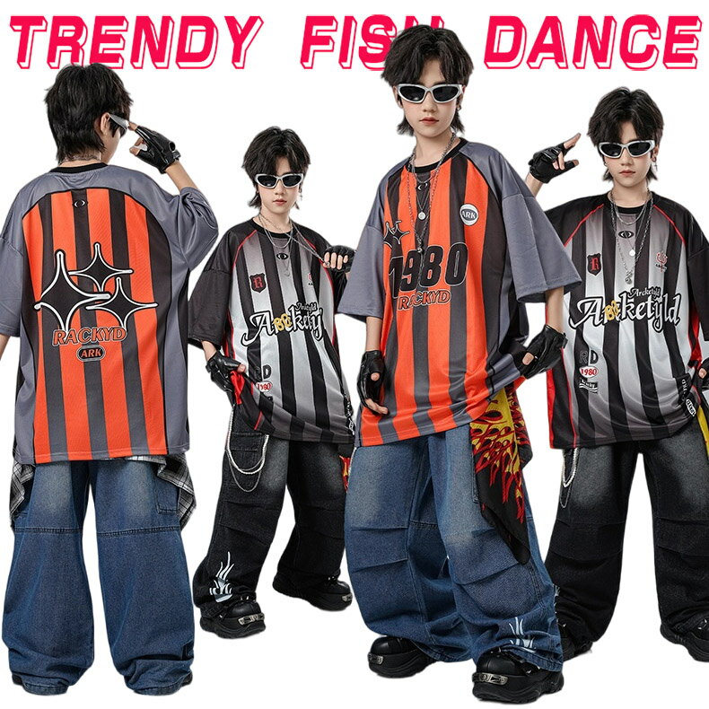 樂天商城 - キッズ ダンス衣装 セットアップ ヒップホップ ストリート 半袖トップス デニムパンツ ジーパン オレンジ ブラック ブルー 子供服 韓国kpop hiphop 女の子 男の子 ダンスウェア 原宿系 発表会 演出服 練習服 応援団 舞台服 個性派 団体服 派手 かっこいい おしゃれ 110-180cm