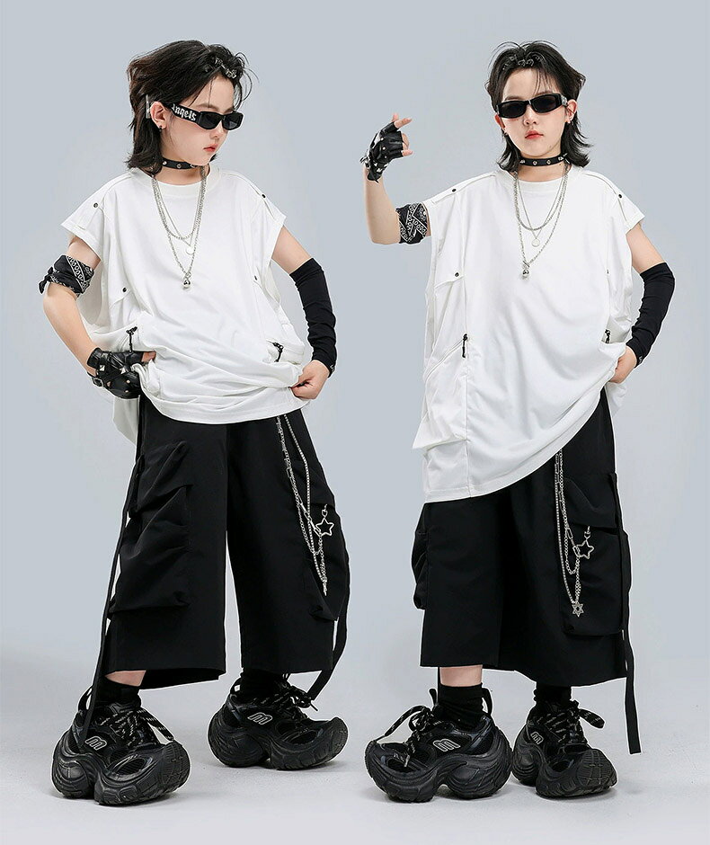 TRENDY FISHのユニフォーム キッズ ダンス衣装 セットアップ ヒップホップ ストリート 半袖トップス ショーツパンツ ブラック ホワイト 白 黒子供服 韓国kpop hiphop 女の子 男の子 ダンスウェア 原宿系 発表会 演出服 練習服 応援団 舞台服 団体服 かっこいい おしゃれ 夏110-180cm｜アングル2