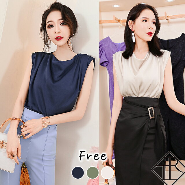 【10%offクーポン＆P倍増】ブラウス レディース トップス シャツ ノースリーブ 春 夏 秋 春夏 大きいサイズ トップス シンプル 無地 シャーリングスリーブ ラップ ゆったり キレイめ 涼し気 フォーマル オフィス お出かけ デート パーティー ドレープネック