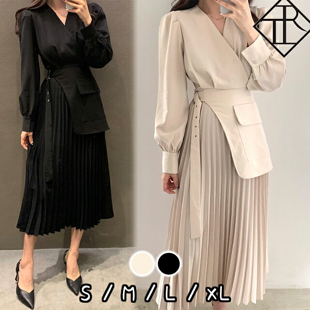 Rakuten - 【10%offクーポン＆P倍増】ワンピース レディース プリーツワンピース カジュアル 長袖 大きいサイズ ワンピ ロング丈 モード Vネック 切り替え シンプル お洒落 個性 ユニーク 被りが無い 大人女子 可愛い 上品 普段使い パーティー デート お呼ばれ OL ミセス