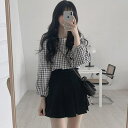 【6時間限定10%OFF!】チェック柄ブラウス トップス ブラウス パフスリーブ 長袖 カットソー Tシャツ ウエストカバー 袖あり ゆったり セクシー クラシカル モノトーン ガーリー ナチュラル 森ガール 清楚 レディース デート チェック柄 旅行