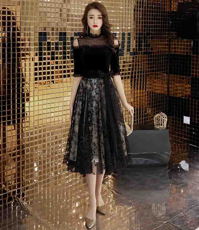 【10%offクーポン＆P倍増】パーティードレス 結婚式 ドレス ワンピース ドレス 大きいサイズ フォーマル 二次会ドレス ベルスリーブ 同窓会 お呼ばれ ワンピース レディース 大きいサイズ ひざ丈 フォーマル 長袖 リボン フェミニン ドット 透け ハイネック