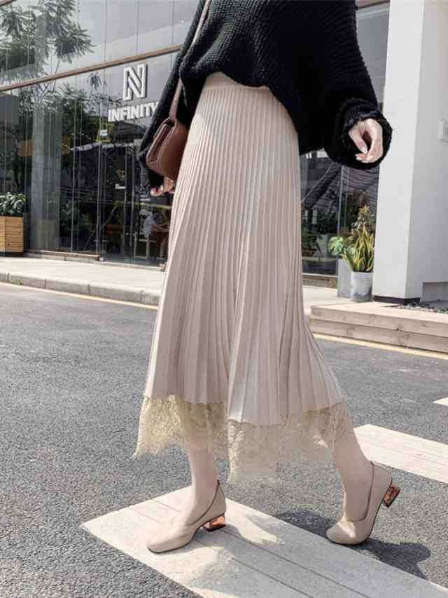 スカート レディース ロング ボトム 大きいサイズ ミモレ ミディアム丈 マキシ 大人 スカート プリーツスカート フレア ユニーク レース 切り替え ニット 異素材ミックス Aライン お出かけ デート 甘め ゆったり ゆるい
