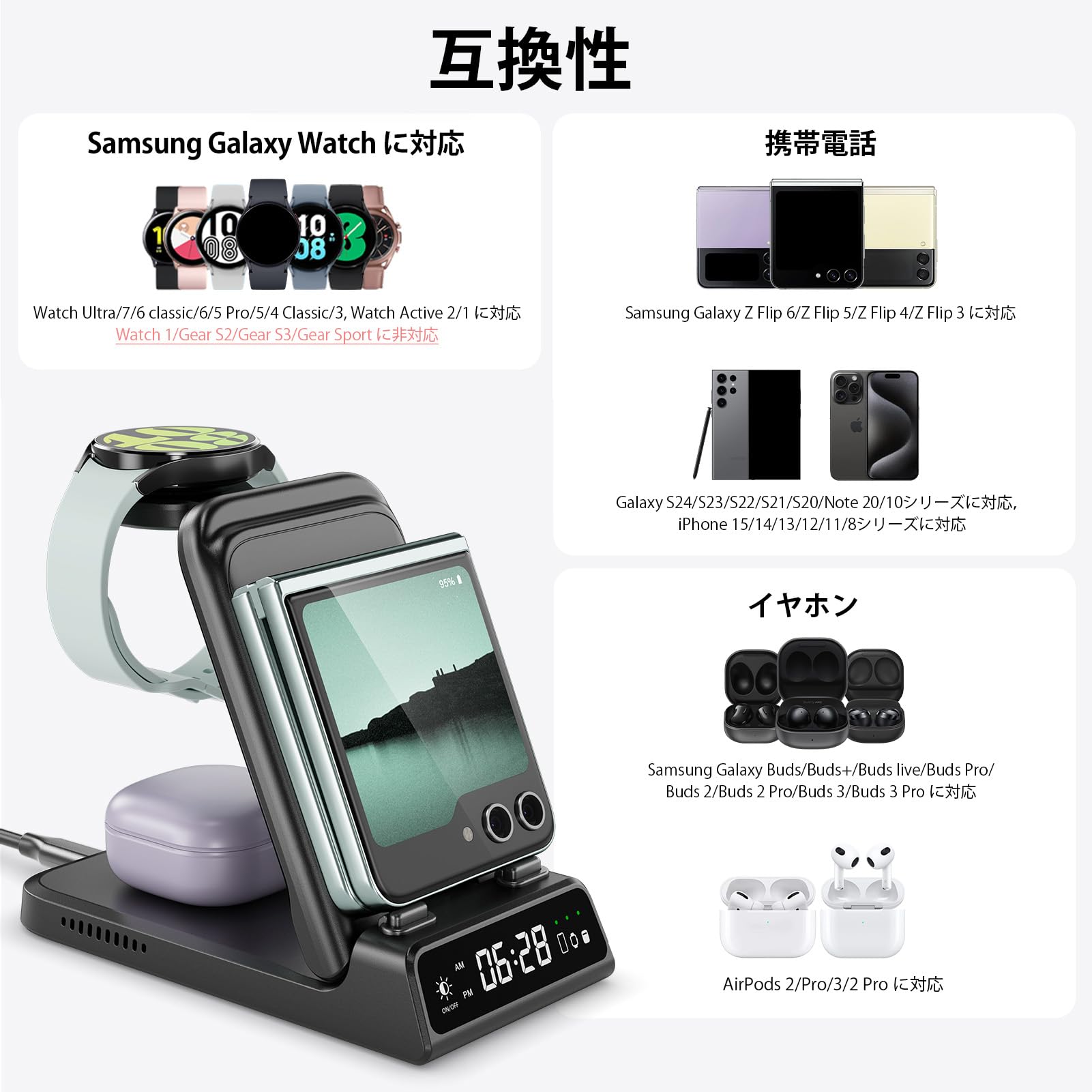 SwanScout Samsung Z Flip対応 3in1 ワイヤレス充電器 折り畳み 充電スタンド Galaxy Z Flip 6/5/4/3シリーズ&Galaxy Watch＆Galaxy Buds適用 置くだけ充電器 （アダプター別売り）
