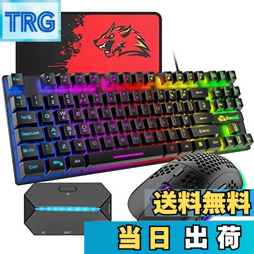 【送料無料】ゲーミングキーボード マウス コンバータ付き 88キー 軽量 LEDバックライト USB接続 エルゴノミック 防水 ゲーマーやタイピストに最適、6400DPIゲーミングマウス マウスパット付き 日本語取扱説明書付き PC PS4 スイッチ対応 t2…