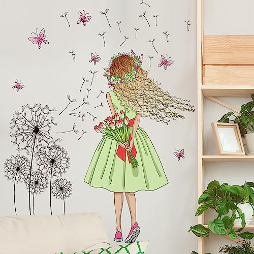 【送料無料】Mestiker 蝶と花のウォールステッカー, 少女のシルエット 壁紙シール, 子供部屋・寝室用イ..