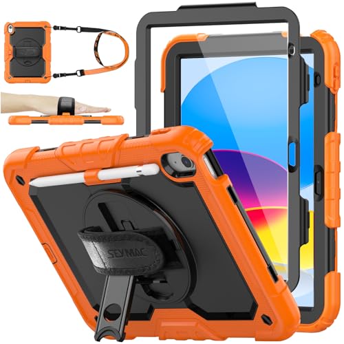 【送料無料】SEYMAC stock iPad(A16) 第11世代/第10世代専用ケース 耐衝撃 ペンホルダー フィルム付き前面カバー 横置き縦置きスタンド 360度回転ハンドストラップ ショルダーストラップ付き