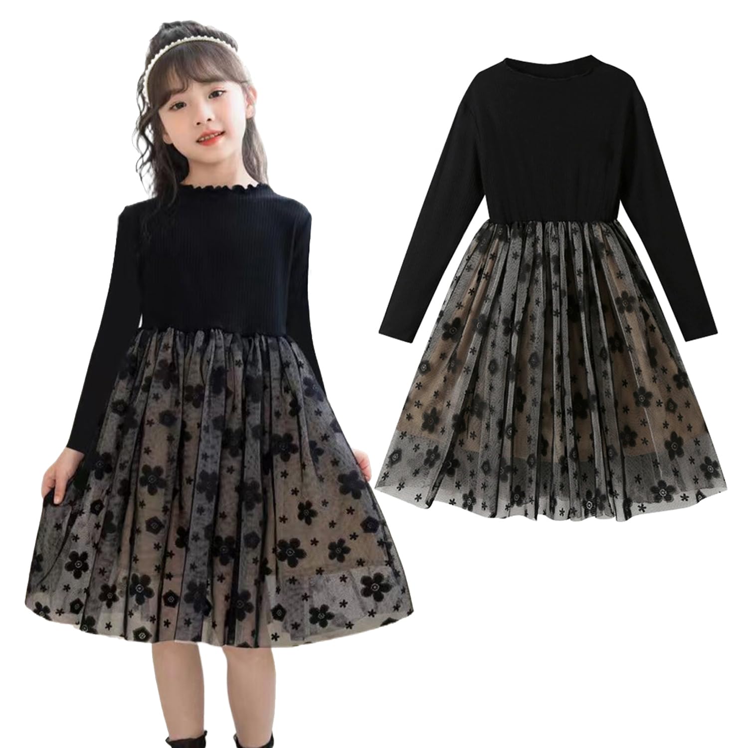 【送料無料】[VOKLLIYU] 女の子 子供 ワンピース 長袖/半袖 キッズ ワンピース 子供服 洋服 可愛い ドレス 秋冬 通学 通園 発表会 七五三対応 結婚式 パーティー 120-170cm 色：長袖/黒、サイズ：160