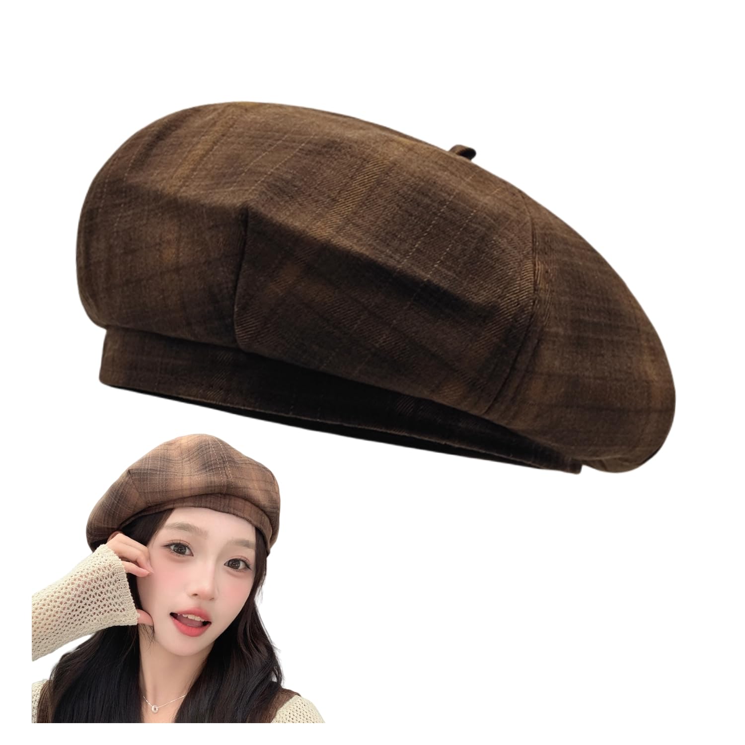 【送料無料】[Weuiean] ベレー帽 レディース チェック模様 帽子 厚くする 画家帽 暖かい 可愛い おしゃれ LUGE-54 色：コーヒー、サイズ：Free Size