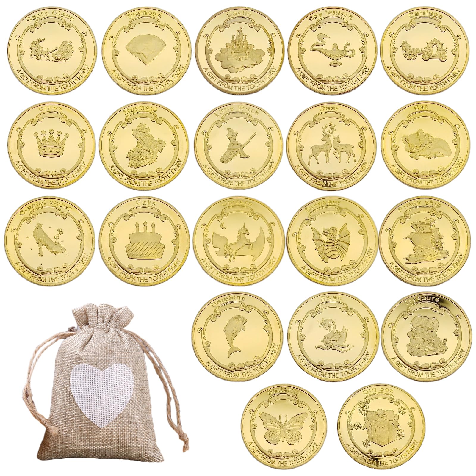 【送料無料】BTtime 歯の妖精コイント 20枚入り 褒美金貨記念コイン 歯と交換するコイン 遊び道具 収納袋付き 乳歯生え変わり期 乳歯生え変わり記念