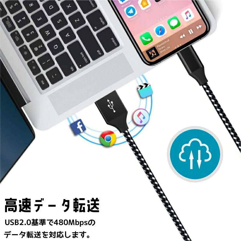 USB to Type-c ケーブル USB-A to USB-C ケーブル usbケーブル Type-c ケーブル QC3.0 3A急速充電 データ転送 スーパー耐久性 長さ 1m 2m 3m タイプc ケーブル 充電ケーブル [3]