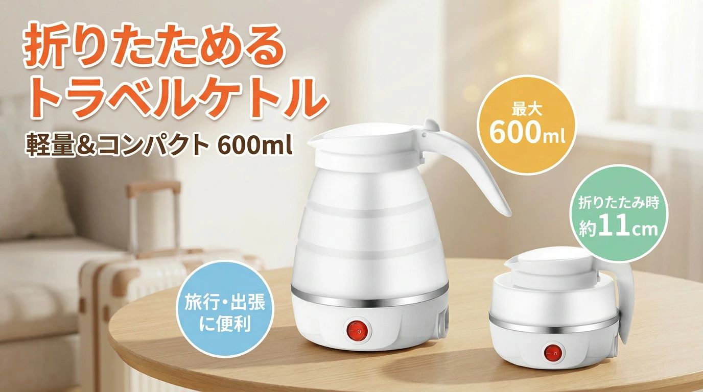商品情報商品説明こちらは折りたたみ式の電気ケトルです。コンパクトで持ち運びやすく、旅行やキャンプなどのアウトドア活動に最適です。シリコン製で耐熱性に優れ、使用しない時は簡単に畳んで収納できます。最大容量は600mlで、一人暮らしや少人数の家庭にも適しています。【商品説明】商品名：折りたたみ式トラベルケトル 素材：食品安全シリコン+304ステンレス鋼 色：ホワイト、ブルー、ピンク（3色展開） サイズ：使用時高さ18cm、折り畳み時高さ11cm 容量：600ml 電力：800W 電圧：110V-50Hz 重量：0.6kg 特長： 火を使わない電気式で、お湯が早く沸きます。 一つボタンで操作簡単、折り畳み可能で収納しやすい。 断熱機能付きで、手を熱く感じさせません。 旅行、出張、自宅使用など、さまざまなシーンで大活躍。 お出かけ先でも手軽に温かい飲み物を楽しむことができ、使わない時はコンパクトに収納。キャンプやピクニック、出張などにも最適なアイテムです。お手入れが簡単で、清潔を保ちやすい設計です。是非、この便利な電気ケトルをお試しください。検索関連ワード折りたたみ式ケトル, トラベルケトル, コンパクトケトル, シリコン製ケトル, 湯沸かし器, 電気ポット, アウトドア用ケトル, 旅行用ケトル, ピクニック用ケトル, 防災グッズ, 携帯便利, 600mlケトル, 断熱機能付き, 一人暮らし, 少人数家庭, 軽量, 簡単操作, おしゃれ, かわいい, ホワイト, ブルー, ピンク, 収納便利, 旅行, 出張, 自宅, キャンプ, 水煮対応, お手入れ簡単, リフレッシュ, 人気, おすすめ, ギフト, プレゼント, 新生活, 母の日, 父の日, 誕生日, 楽天スーパーSALE, お買い物マラソン, 便利アイテム, ポイント消化, 大人気, 話題の, 定番, 旅行シーン, アウトドアシーン, 飲み物, 温かい飲み物, ステンレス鋼, 食品安全, 耐熱性, 折りたたみ, シンプルデザイン, 使いやすい 検索関連ワード折りたたみ式ケトル, トラベルケトル, 携帯便利, コンパクト, 小型, 軽量, 600ml, 旅行用ケトル, 出張用ケトル, 自宅用ケトル, キャンプケトル, アウトドアケトル, トラベル電気ケトル, 電気ケトル, 湯沸かし器, 電気ポット, 800W, 110V対応, シリコンケトル, シリコン製, 耐熱シリコン, 304ステンレス, 断熱機能付き, 触っても熱くなりにくい, 火を使わない, ワンタッチ操作, ワンボタン, 折り畳み収納, 収納しやすい, 折りたたみ式, 持ち運びやすい, 卓上, キッチン, リビング, 寝室, オフィス, 車載, 車内, 車中泊, 防災グッズ, 非常用, 断熱, おしゃれ, かわいい, 北欧風, カラフル, ホワイト, ブルー, ピンク, 新生活, プレゼント, ギフト, 母の日, 父の日, 誕生日, 人気, おすすめ, 送料無料, ポイント消化, 楽天スーパーSALE, お買い物マラソン注意事項・ラッピング対応は行っておりません。・予告なく仕様変更になる場合がございます。・写真はイメージです。実際の商品と若干異なる場合がございます。・基本は全国一律送料無料と対応させていただきますが、沖縄・北海道・離島地域へお届けの場合は別途送料をご請求させていただきます。・商品のサイズは採寸方法によって、若干な誤差が生じる場合はあります。ご了承ください。品質保証・出品商品は全て新品未使用です。・安心の初期不良対応：万が一商品に不具合があった場合は、商品到着後7日以内にご連絡ください。・不具合の状況確認のため、写真や動画のご提供をお願いする場合がございます。確認後、速やかに「新品交換」または「ご返金」にて対応させていただきます。・お客様に安心してご購入いただけるよう、誠心誠意サポートいたします。「悪い評価」を付ける前に、まずはお気軽にご相談ください。 検索関連ワード折りたたみ式ケトル, トラベルケトル, 折りたたみ電気ケトル, コンパクトケトル, 省スペースケトル, 携帯用ケトル, シリコンケトル, シリコン製ケトル, 断熱機能付き, 断熱ケトル, 電気ポット, 湯沸かし器, 電気式ケトル, 800W ケトル, 600ml ケトル, 小型ケトル, 軽量 ケトル, 0.6kg ケトル, 折り畳み式, 収納簡単, 持ち運び便利, 卓上ケトル, 家庭用ケトル, 一人暮らし 電気ケトル, 少人数 キッチン, オフィス ケトル, リビング 湯沸かし, 寝室 お湯, 出張 用ケトル, 旅行 用 ケトル, トラベル 用品, ホテル 滞在 ケトル, キャンプ ケトル, アウトドア 湯沸かし, ピクニック ケトル, 防災 ケトル, 非常用 お湯, 車載 ではないが旅行先, おしゃれ ケトル, かわいい ケトル, カラフル シリコン, ホワイト ケトル, ブルー ケトル, ピンク ケトル, 高見え ケトル, 新生活 ギフト, 母の日 プレゼント, 父の日 プレゼント, 誕生日 ギフト, プレゼント用, ギフト, 送料無料, ポイント消化, 楽天スーパーSALE, お買い物マラソン, 人気 おすすめ, 話題の ケトル, 定番 電気ケトル注意事項：モニターの発色により、実物と異なる場合がございます。