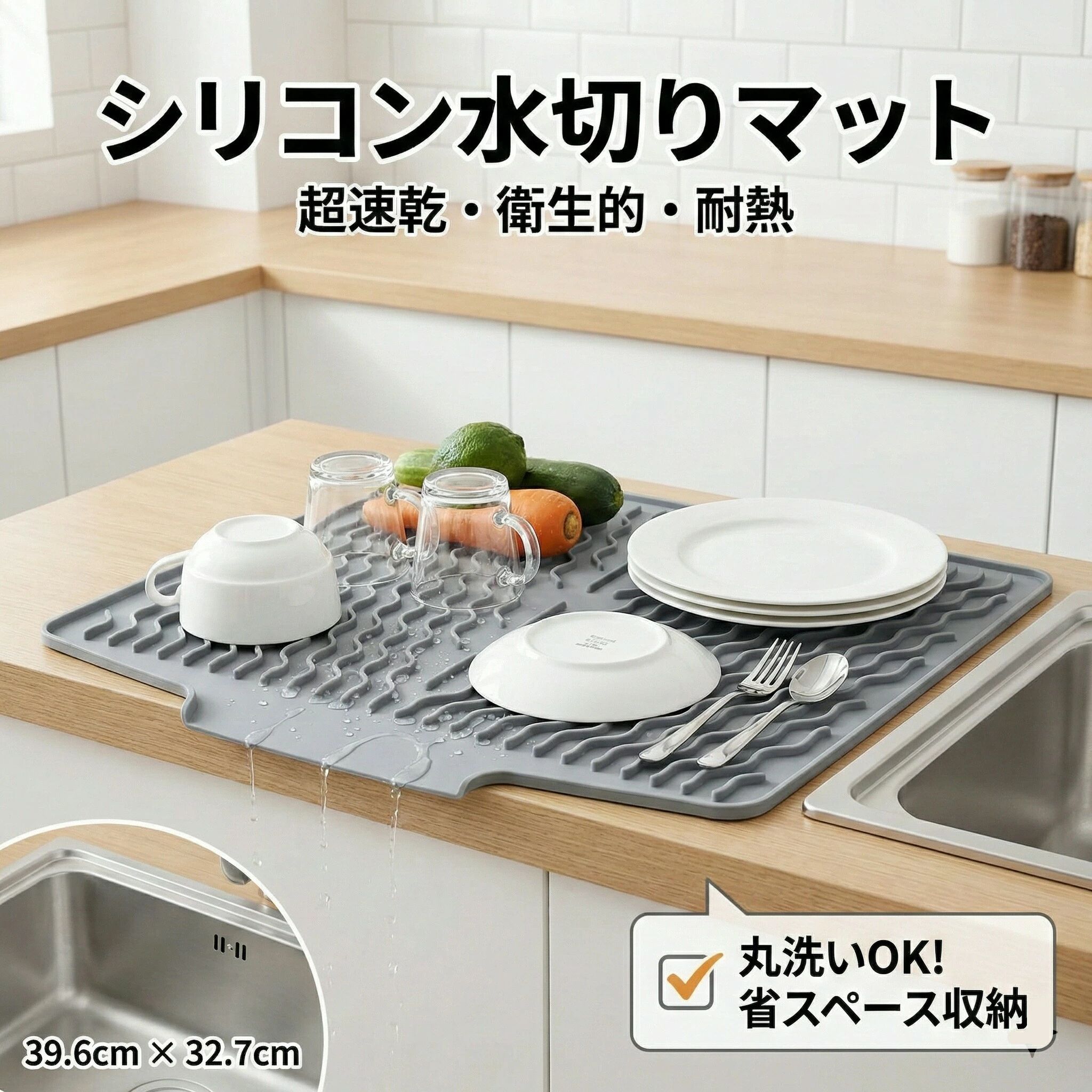 乐天商城 - 折りたたみ 台所用品 変形しない 速乾 収納便利 キッチン シンクマット 自動排水 傾斜設計 柔らかい 耐熱 滑り止め シリ