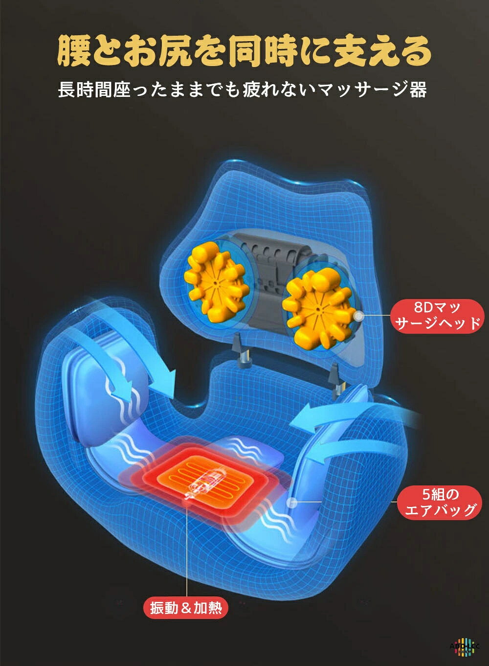 トライアングル777のマッサージクッション 在宅勤務 姿勢矯正 座椅子 エアバッグ シートクッション クッション 椅子 チェア 車 骨盤サポート 骨盤矯｜アングル3
