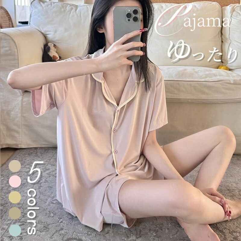 乐天商城 - パジャマ レデイース ルームウェア 夏 セット 半袖 ショートパンツ ショーツ 部屋着 前開き ボタン 寝巻き 上下セット セットアップ 涼しい ナイトウエア ゆったり 薄手 薄地 滑らか おしゃれ カジュアル ウエストゴム ふんわり 記