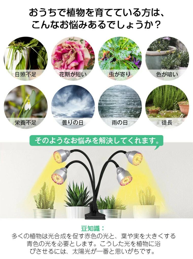 トライアングル777の光補足 母の日 育成ランプ 父の日 4灯式 3色モード 室内栽培ライト 日照不足解消 led フルスペクトル クリップ式 360°調節可能 植物育成ライト植物育成LED 104LED プラントライト 5段階調光 タ｜アングル2