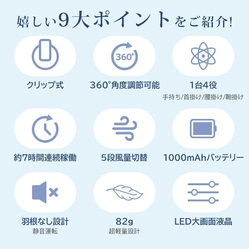 トライアングル777の【最大15％OFF】クリップファン 羽根なし 4way 扇風機 小型 携帯扇風機 ミニ扇風機 ネックファン 腰掛け 首掛け 卓上 手持ち クリップ式　ファン 360°角度調節 5段階風量 軽量 USB充電 持ち運び 低騒音 腰ベルト 運動 観戦 通勤 アウトドア 作業用 夏 熱中症対策｜アングル3