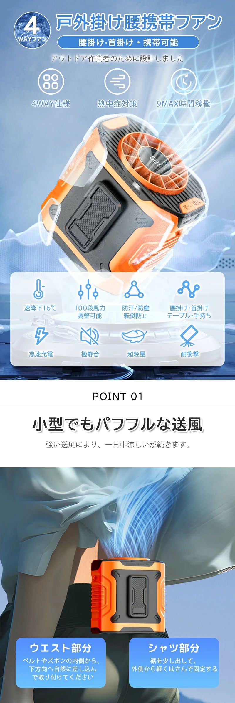 【最大15％OFF】【懐中電灯&100段階風量】扇風機 腰掛け 腰掛け扇風機 4way ベルト...