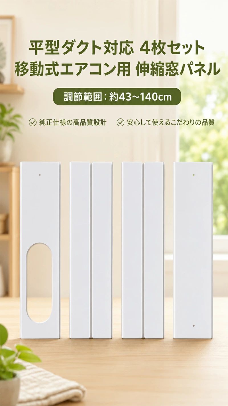 トライアングル777の窓用ダクトパネル テラス窓用パネル 4枚セット 窓枠高さ43-140cmまで 無段階調節可 穴あけ不要 移動式エアコン/スポットクーラー用窓パネル 引き違い窓・上げ下げ窓・テラス窓用 賃貸OK 冷房効率UP 工具不要 簡単設置 隙間なし 雨よけ 13cmホース専用 平型ダクト対応｜アングル2