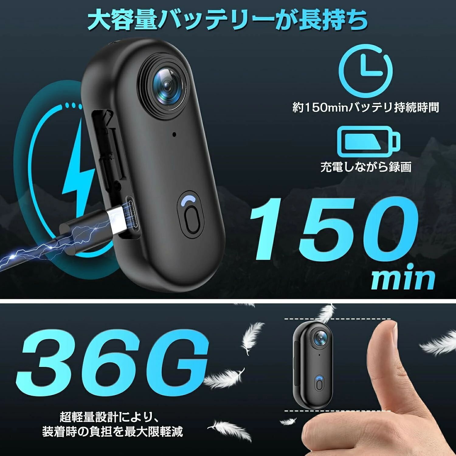 【4K画質】 アクションカメラ 広角小型Vlogビデオカメラ ウェアラブルカメラ WiFi ...