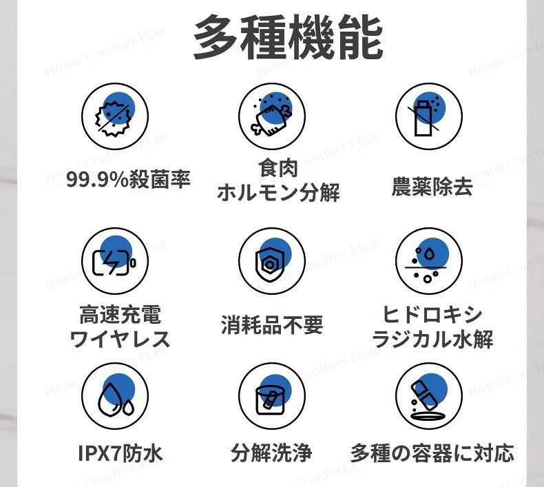 トライアングル777の野菜洗浄機 果物と野菜の洗濯機 全自動 清浄 家庭用 ワイヤレスで使える 食品洗浄 自動バグ除去 ワイヤレスUSB充電式 ポータブル ワイヤレス フルーツ 食品 清浄機 洗浄装置 IPX7防水 お手入｜アングル3
