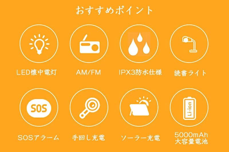 多機能防災ラジオ AM/FMラジオ LEDライト 高輝度 5000mAh スマホ充電 懐中電灯 読書ランプ SOS 防水 IPX3 USB充電 乾電池 ソーラー充電 手回し充電 防災グッズ コンパクト 軽量 アウトドア キャンプ 災害 triangle777-10016255 トライアングル777 サンプル画像2