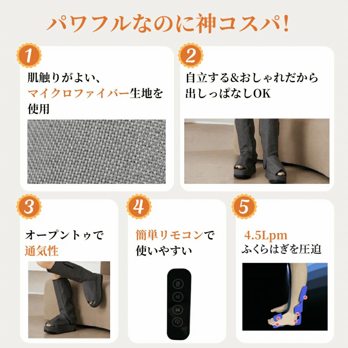 トライアングル777のふくらはぎほぐしブーツ コードレス式 着用型 温熱で筋肉リフレッシュ マイクロカレント 充電式 足ケア 脚ケア 脚リリース 脚ほぐす 健康器具 プレゼント対応｜アングル3