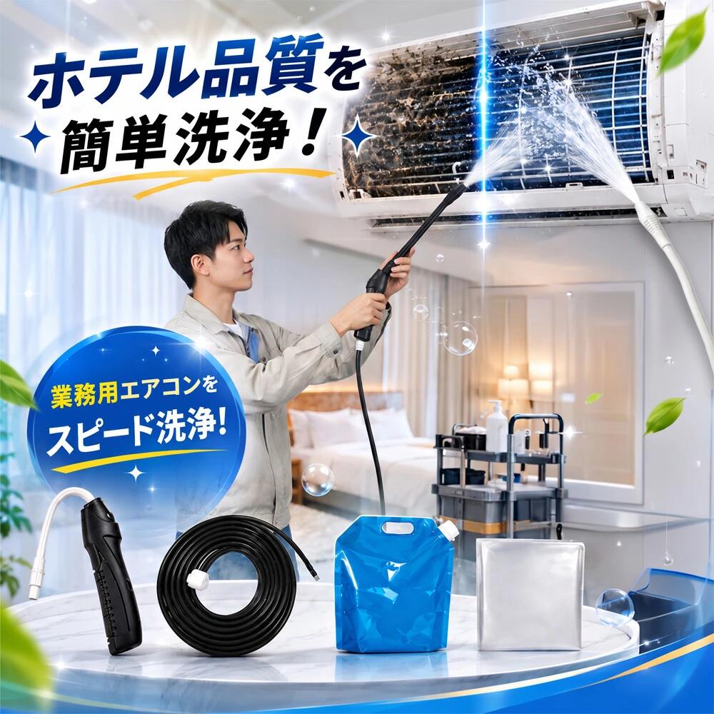 【2026年最新版】エアコン洗浄オールインワンセット 2mロングホース・高圧洗浄・初心者対応モデル商品説明 ご家庭で簡単に本格エアコン洗浄ができる、2026年最新版クリーニングセット。 フィルターだけでは落とせない内部のカビ・ホコリ・油汚れまで徹底洗浄。 2mロングホース採用により、重たい水袋を持ち上げる必要がなく、女性や初心者でもラクに作業できます。こんなお悩みに ● エアコンをつけると嫌なニオイがする ● 吹き出し口に黒いカビが見える ● 冷房の効きが悪くなった ● 業者に頼むと費用が高い ● 自分で簡単に掃除したい対応可能な汚れ 【内部汚れを徹底洗浄】 ● カビ・雑菌：吹き出し口や内部に発生した黒カビ対策に ● 花粉：フィルター内部に入り込んだ微細粒子を洗浄 ● ホコリ：フィンや送風口に溜まったゴミを強力洗浄 ● 油汚れ：キッチン付近のベタつき汚れにも対応 ● ニオイ：カビ臭・生活臭の軽減にセット内容 1. 高圧クリーナーガン └ Type-C充電式・コードレス設計 2. 2mロング給水ホース └ バケツ床置きOK・脚立作業もラクラク 3. 排水・貯水バッグ └ 水漏れ防止・後片付け簡単 4. 防水エアコンカバー └ 壁や床を汚さず安心洗浄製品の特長 ● 届いたその日から使えるオールインワン仕様 追加工具不要で、初心者でもすぐにお掃除開始。 ● 2mロングホース採用 水袋を持ち上げる必要がなく、作業負担を軽減。 ● 高圧噴射で奥まで洗浄 フィンの隙間汚れまでしっかり洗い流します。 ● 節電・省エネ対策にも 汚れを除去することで風量改善・冷暖房効率UPが期待できます。 ● ご家庭で簡単セルフクリーニング 業者依頼よりコストを抑えながら定期メンテナンス可能。おすすめ使用時期 ● 夏前の冷房シーズン前 ● 冬の暖房使用前 ● 花粉シーズン対策 ● ニオイやカビが気になった時注意事項 ※ 電装部分には直接水をかけないでください。 ※ 必ず付属カバーで電装部を保護してください。 ※ 充電アダプタは付属しておりません。Type-C対応アダプタをご使用ください。 ※ エアコン機種によっては養生方法が異なる場合がございます。 ※ 使用前に必ず取扱説明をご確認ください。エアコン洗浄 エアコンクリーニング エアコン掃除 エアコン洗浄セット エアコン洗浄カバー エアコン高圧洗浄 エアコン洗浄機 エアコン洗浄スプレー エアコン洗浄剤 エアコンカビ除去 エアコン臭い対策 エアコンセルフクリーニング エアコン内部洗浄 エアコン掃除セット エアコン掃除道具 エアコンフィン洗浄 エアコン送風口掃除 エアコン洗浄ホース エアコン掃除用品 エアコン洗浄グッズ エアコンお手入れ エアコン簡単掃除 エアコン家庭用洗浄 エアコン節電対策 エアコン省エネ対策 エアコンメンテナンス エアコン洗浄プロ仕様 エアコン掃除初心者 エアコン洗浄オールインワン エアコン洗浄フルセット エアコン掃除便利グッズ エアコン清掃用品 エアコン水洗い エアコン内部クリーナー エアコン掃除おすすめ エアコン洗浄人気 エアコン洗浄楽天 エアコン洗浄2026【2026年最新版】エアコン洗浄オールインワンセット 2mロングホース・高圧洗浄・初心者対応モデル商品説明 ご家庭で簡単に本格エアコン洗浄ができる、2026年最新版クリーニングセット。 フィルターだけでは落とせない内部のカビ・ホコリ・油汚れまで徹底洗浄。 2mロングホース採用により、重たい水袋を持ち上げる必要がなく、女性や初心者でもラクに作業できます。こんなお悩みに ● エアコンをつけると嫌なニオイがする ● 吹き出し口に黒いカビが見える ● 冷房の効きが悪くなった ● 業者に頼むと費用が高い ● 自分で簡単に掃除したい対応可能な汚れ 【内部汚れを徹底洗浄】 ● カビ・雑菌：吹き出し口や内部に発生した黒カビ対策に ● 花粉：フィルター内部に入り込んだ微細粒子を洗浄 ● ホコリ：フィンや送風口に溜まったゴミを強力洗浄 ● 油汚れ：キッチン付近のベタつき汚れにも対応 ● ニオイ：カビ臭・生活臭の軽減にセット内容 1. 高圧クリーナーガン └ Type-C充電式・コードレス設計 2. 2mロング給水ホース └ バケツ床置きOK・脚立作業もラクラク 3. 排水・貯水バッグ └ 水漏れ防止・後片付け簡単 4. 防水エアコンカバー └ 壁や床を汚さず安心洗浄製品の特長 ● 届いたその日から使えるオールインワン仕様 追加工具不要で、初心者でもすぐにお掃除開始。 ● 2mロングホース採用 水袋を持ち上げる必要がなく、作業負担を軽減。 ● 高圧噴射で奥まで洗浄 フィンの隙間汚れまでしっかり洗い流します。 ● 節電・省エネ対策にも 汚れを除去することで風量改善・冷暖房効率UPが期待できます。 ● ご家庭で簡単セルフクリーニング 業者依頼よりコストを抑えながら定期メンテナンス可能。おすすめ使用時期 ● 夏前の冷房シーズン前 ● 冬の暖房使用前 ● 花粉シーズン対策 ● ニオイやカビが気になった時注意事項 ※ 電装部分には直接水をかけないでください。 ※ 必ず付属カバーで電装部を保護してください。 ※ 充電アダプタは付属しておりません。Type-C対応アダプタをご使用ください。 ※ エアコン機種によっては養生方法が異なる場合がございます。 ※ 使用前に必ず取扱説明をご確認ください。エアコン洗浄 エアコンクリーニング エアコン掃除 エアコン洗浄セット エアコン洗浄カバー エアコン高圧洗浄 エアコン洗浄機 エアコン洗浄スプレー エアコン洗浄剤 エアコンカビ除去 エアコン臭い対策 エアコンセルフクリーニング エアコン内部洗浄 エアコン掃除セット エアコン掃除道具 エアコンフィン洗浄 エアコン送風口掃除 エアコン洗浄ホース エアコン掃除用品 エアコン洗浄グッズ エアコンお手入れ エアコン簡単掃除 エアコン家庭用洗浄 エアコン節電対策 エアコン省エネ対策 エアコンメンテナンス エアコン洗浄プロ仕様 エアコン掃除初心者 エアコン洗浄オールインワン エアコン洗浄フルセット エアコン掃除便利グッズ エアコン清掃用品 エアコン水洗い エアコン内部クリーナー エアコン掃除おすすめ エアコン洗浄人気 エアコン洗浄楽天 エアコン洗浄2026