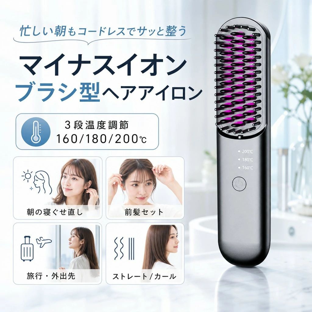 カラー：ブラック / ピンク コードレスで持ち運びやすい、マイナスイオン搭載のブラシ型ヘアアイロン。3段温度でストレートもカールも使いやすい 【忙しい朝に1本で整う】コードレスヘアブラシアイロン マイナスイオン 充電式 3段温度 ストレート カール 3WAY 中長髪対応 旅行 携帯用 コードレスヘアアイロン 充電式ヘアアイロン ブラシ型アイロン コードレスで持ち運びやすい、マイナスイオン搭載のブラシ型ヘアアイロン。3段温度でストレートもカールも使いやすい 注意事項 ・ラッピング対応は行っておりません。 ・予告なく仕様変更になる場合がございます。 ・写真はイメージです。実際の商品と若干異なる場合がございます。 ・基本は全国一律送料無料と対応させていただきますが、沖縄・北海道・離島地域へお届けの場合は別途送料をご請求させていただきます。 ・商品のサイズは採寸方法によって、若干な誤差が生じる場合はあります。ご了承ください。 品質保証 ・出品商品は全て新品未使用です。 ・安心の初期不良対応 ：万が一商品に不具合があった場合は、商品到着後7日以内にご連絡ください。 ・不具合の状況確認のため、写真や動画のご提供をお願いする場合がございます。確認後、速やかに「新品交換」または「ご返金」にて対応させていただきます。 ・お客様に安心してご購入いただけるよう、誠心誠意サポートいたします。「悪い評価」を付ける前に、まずはお気軽にご相談ください。 検索関連ワード ヘアブラシアイロン, コードレスヘアアイロン, 充電式ヘアアイロン, マイナスイオン, ブラシ型アイロン, ストレートアイロン, カールアイロン, 3段温度調整, 3WAYヘアアイロン, 携帯用ヘアアイロン, 旅行用ヘアアイロン, 中長髪向け, ボリューム調整, 前髪セット, 寝ぐせ直し, コードレスヘアブラシアイロン, 充電式, 3段温度, 忙しい朝に1本で整う, ストレート, カール, 3WAY, 中長髪対応, 旅行, 携帯用, ヘアアイロン, コードレス, ヘアブラシ, 送料無料, ポイント消化, プレゼント, ギフト, 人気, おすすめ, 新生活, 母の日, 父の日, 誕生日, 楽天スーパーSALE, お買い物マラソン, 買い回り, セール, ランキング, 実用的, 便利グッズ, 日用品, 一人暮らし, 引越し祝い, 入学祝い, 就職祝い, クリスマス, 敬老の日, バレンタイン, ホワイトデー, 母の日ギフト, 父の日ギフト, コンパクト, 軽量, 省スペース, 簡単, 便利, おしゃれ, シンプル, 家庭用, オフィス, アウトドア注意事項：モニターの発色により、実物と異なる場合がございます。