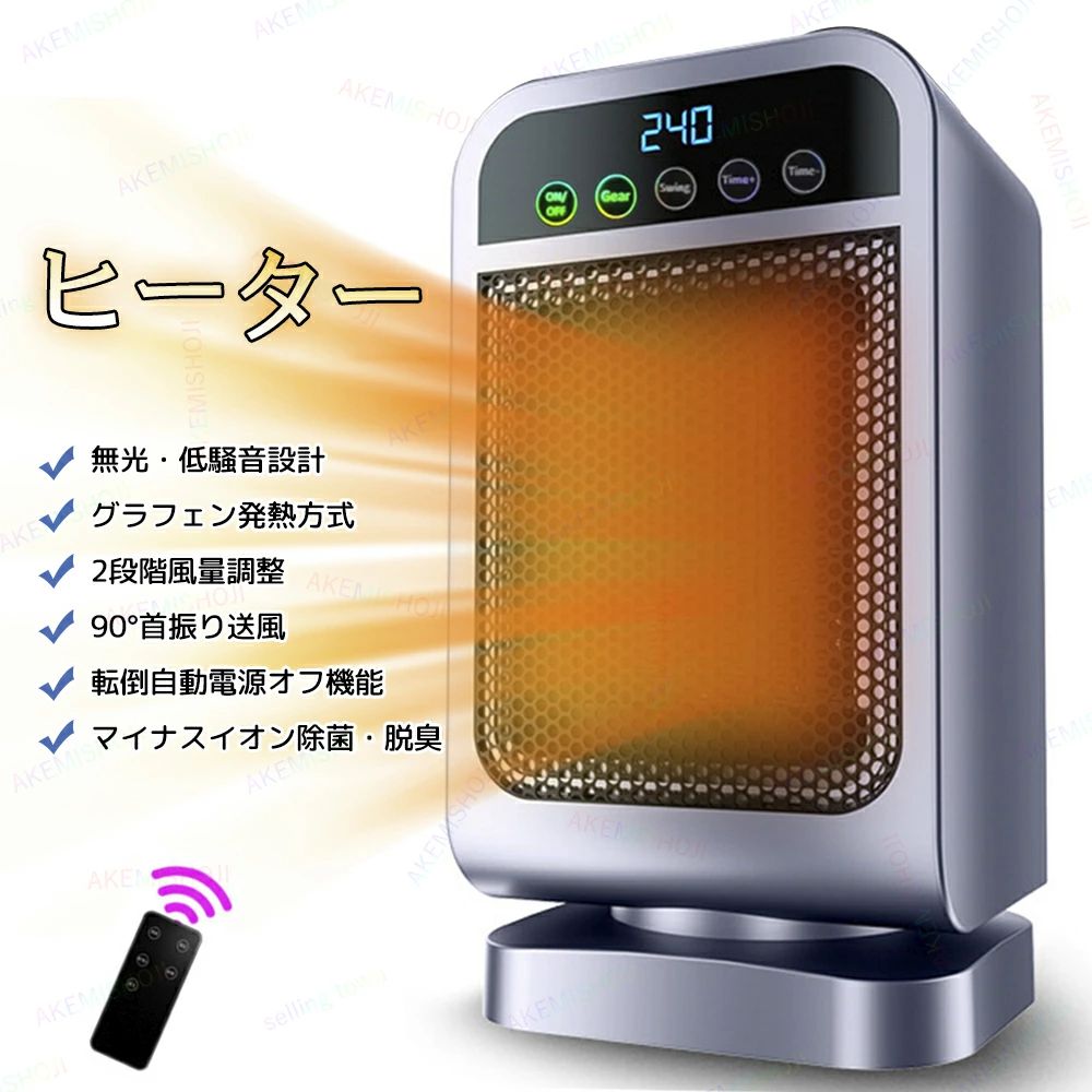 商品詳細 製品仕様 本体素材：VO級難燃PP樹脂 サイズ：15.5×12.5×27.5cm 重量：1.7kg 定格電圧：110V 定格電力：13000W 特徴 🔥グラフェン発熱体で秒速速暖 グラフェン加熱技術を採用。スイッチを入れるだけで、わずか数秒でポカポカ暖房。冷えきった冬の朝もすぐに快適なぬくもりを実感できます。 🔥2段階風量調節 × 90°首振り送風 お好みに合わせて2段階の風量を調整可能。さらに左右約90°の自動首振り機能で、お部屋全体をムラなく均一にあたためます。 🔥マイナスイオン除菌機能搭載 マイナスイオンを放出して、空気中の雑菌やニオイを分解。暖めながらお部屋の空気も清潔に保ちます。乾燥しやすい冬のシーズンにも快適で心地よい空間を演出。 🔥240分タイマー機能付き おやすみ前に設定すれば、自動で電源オフ。消し忘れの心配もなく、省エネで安心。就寝時・作業時にもぴったりです。 🔥リモコン操作＆簡単ボタン設計 離れた場所からでも操作できるリモコン付き。電源、風量、首振り、タイマーを簡単に切り替え。誰でも直感的に使えるシンプル設計です。 🔥 安心安全設計 転倒時自動オフ機能＋過熱保護センサー搭載。不意の転倒や温度上昇にも即座に電源オフし、小さなお子様やペットのいるご家庭でも安心。 注意 ▼産地：Made in CHINA ▼商品は簡易包装でお送り致します。 ▼お使いのモニターによっては、実際の色と若干異なって見える場合があります。 ▼製造時期によりデザインや仕様に若干の変更がある場合がございます。ご了承ください。 ▼実寸は素人採寸ですので、多少の誤差はご了承願います。 ▼この商品は当店実店舗でも販売しております。在庫数の更新は随時行っておりますが、 お買い上げいただいた商品が、品切れになってしまうこともございます。 その場合、お客様には必ず連絡をいたしますが、万が一入荷予定がない場合は、 キャンセルさせていただく場合もございますことをあらかじめご了承ください。