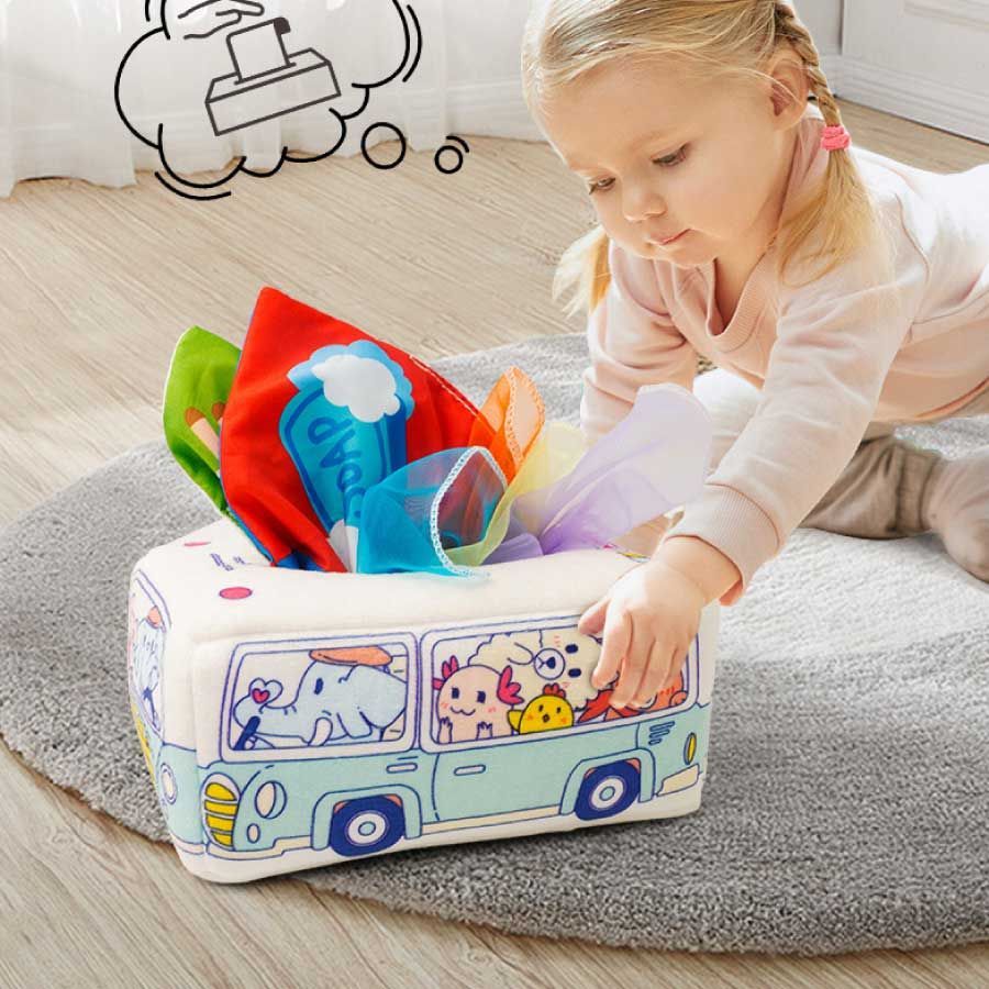 トライアングル777のベビー向けおもちゃ 車 ベビー 8枚スカーフ付き 赤ちゃん布絵本 色認知 ティッシュ ティッシュボックス ティッシュ 指先訓練 おもちゃ おもちゃ 赤ちゃんのおもちゃ おもちゃ 赤ちゃん 可愛い モンテッソーリ ティッシュケース｜アングル2