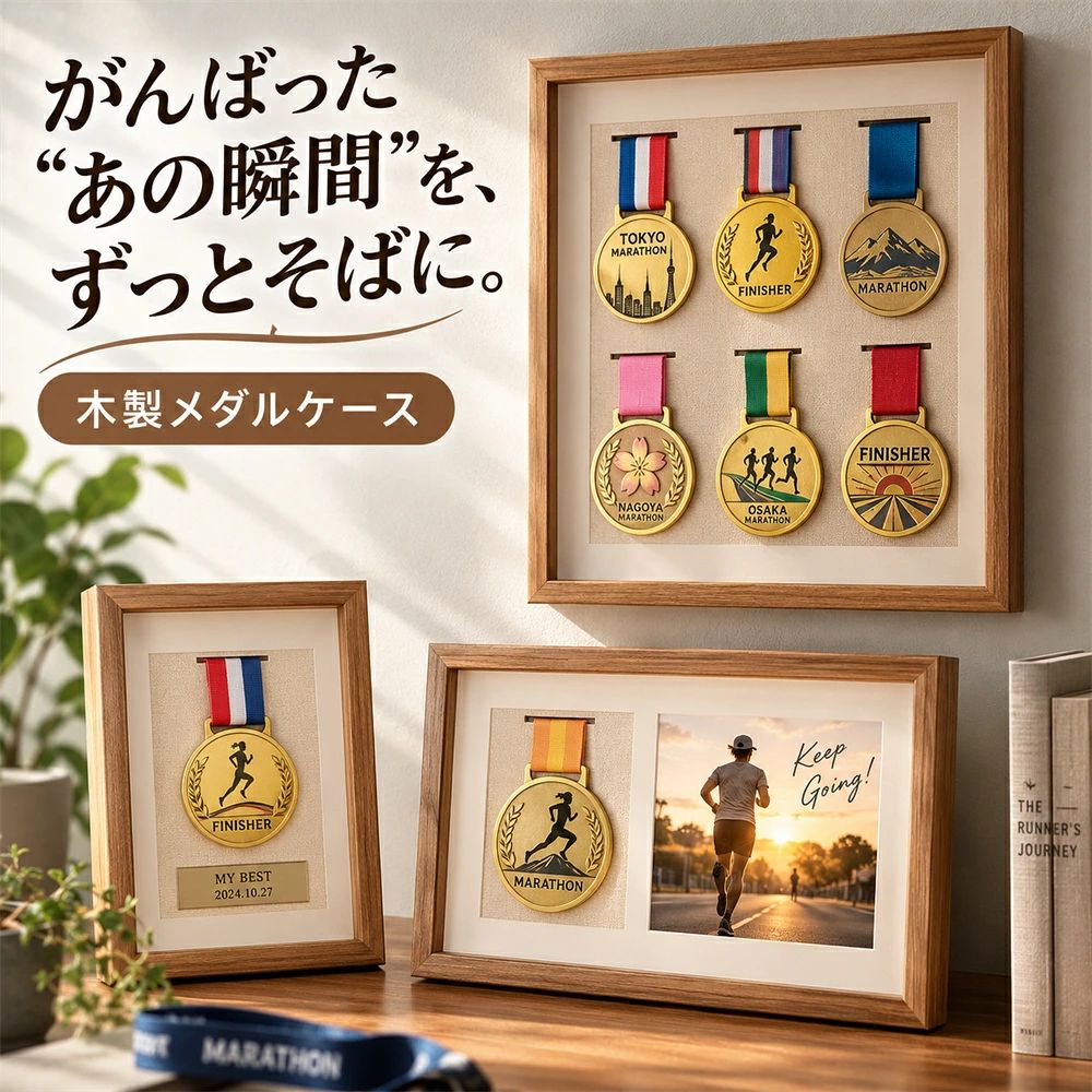 メダルケース 木製 メダルボックス マラソンメダルケース 表面クリア ボックス 木製ディスプレイケース メダルディスプレイ 表彰メダル収納 金メダル メダルを飾る額縁 写真入れ メダルディスプレイケース ランナー マラソン